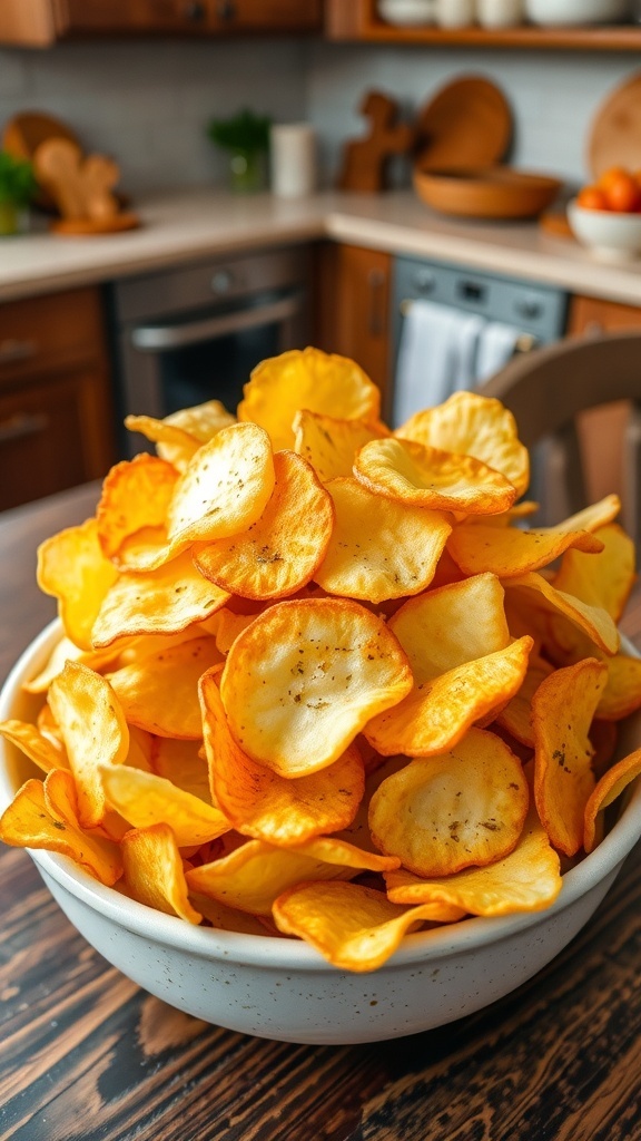 A bowl of golden homemade potato chips with a dip on a rustic table.